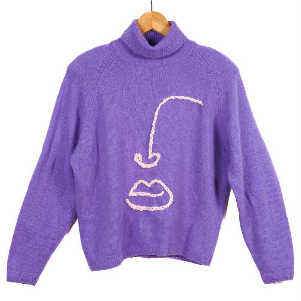 Vintage CHAUS Lambswool/Angora Blend Embroidered Line Art Turtleneck Sweater